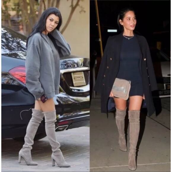 Stuart Weitzman Highland Boots Over the Knee Thigh High Gray Block Heel sz 38 - Picture 3 of 16